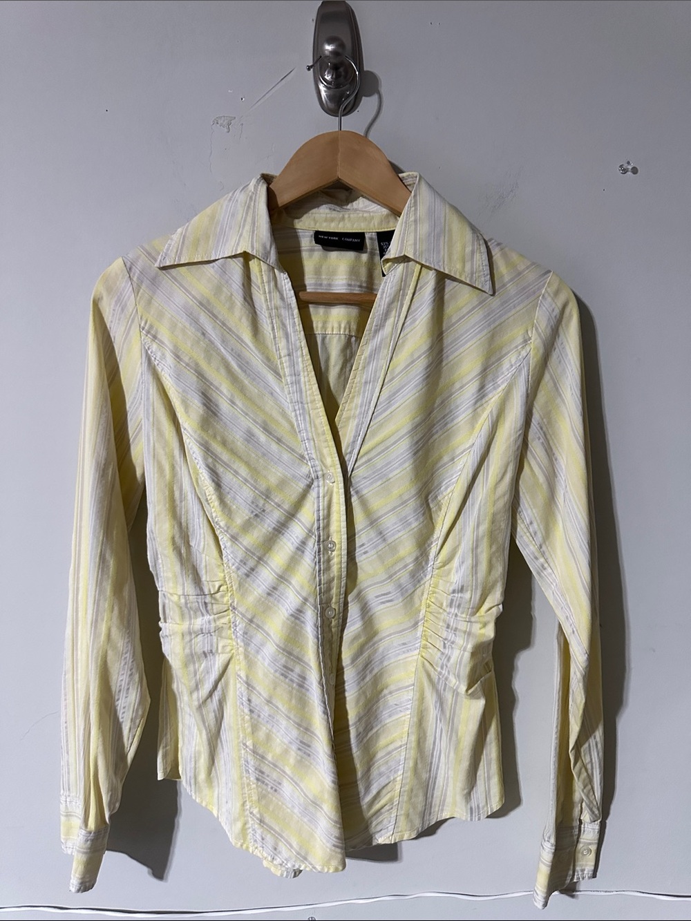 New York & Company Women’s Small Yellow Striped Ruched Button Front Shirt